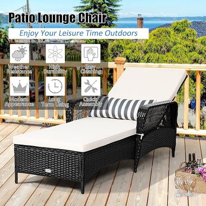 COSTWAY PE Rattan Chaise Lounge Chair, 6 Gear Adjustable Recliner with Armrest & Pillow, Wicker Outdoor Furniture for Deck, Patio (2, Black)