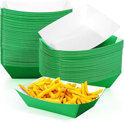 100 Pcs 2lb Paper Food Trays Boat Nacho Boats for Hot Dogs, Green | Grease-Resistant, Disposable Kraft Paper Boat for Tacos Concession, Food Trucks, Birthday, Wedding, Christmas, Halloween