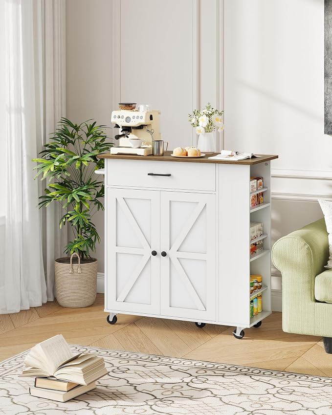 CHOEZON Kitchen Island Cart with Storage, Bar Cart with Charging Station, Kitchen Island on Wheels, Rolling Mobile Table with Cabinet, 3 AC Outlets, White and Walnut MZD04UWL