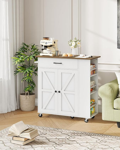 CHOEZON Kitchen Island Cart with Storage, Bar Cart with Charging Station, Kitchen Island on Wheels, Rolling Mobile Table with Cabinet, 3 AC Outlets, White and Walnut MZD04UWL