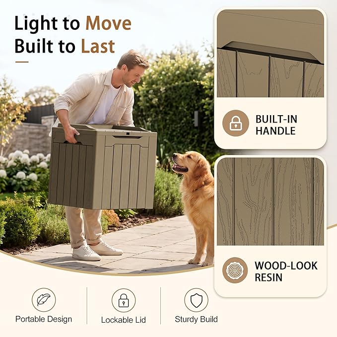 JUMMICO 31 Gallon Resin Deck Box Waterproof Indoor Outdoor Storage Boxes for Patio Furniture Cushions and Garden Tools (Light Brown)