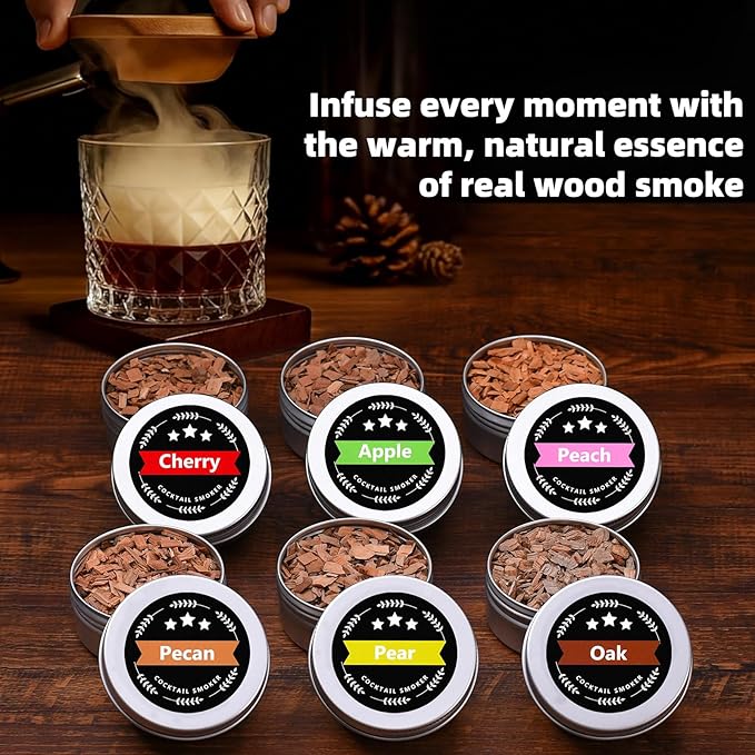 18Pcs Wood Chips for Smoker, Natural Cocktail Smoker Chips Kit-Apple, Pecan, Cherry, Oak, Pear, Peach for Whiskey Lover, Bourbon, Men, Dad, Husband, Home Bar, Drinks, Smoker Accessory