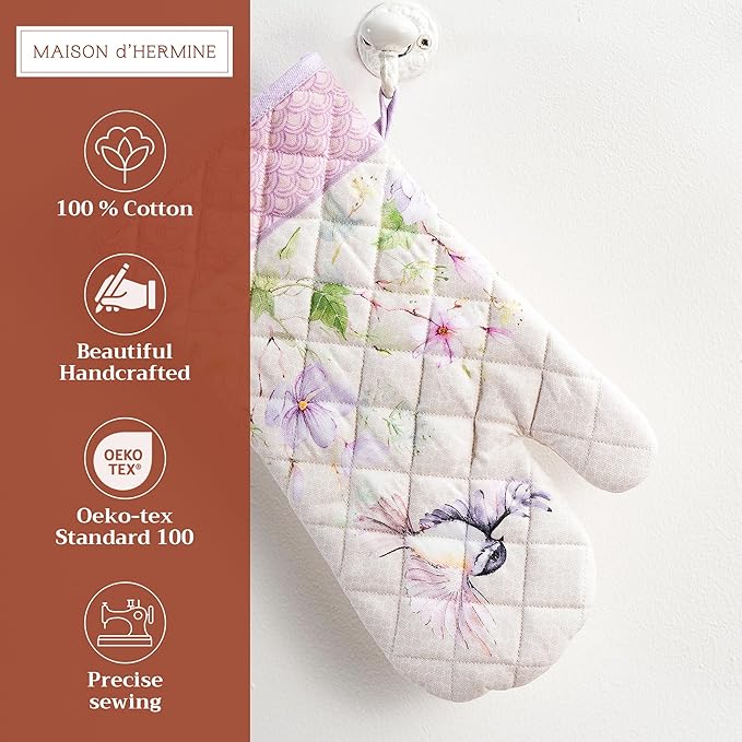 Maison d'Hermine Oven Gloves 100% Cotton Oven Mitt 7" x 13" with Loop Heat Resistant BBQ Cooking Gloves Baking Grilling Kitchen Hotel Home Farmhouse Spring Summer (Pack of 1, Magnolia Mornings)