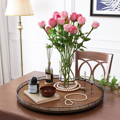 AMH 24-Inch Extra Large Farmhouse Oak Lazy Susan Organizer, Walnut Finish | Smooth rotating oak tray with walnut finish for dining tables, kitchen counters, pantries and cabinet storage.