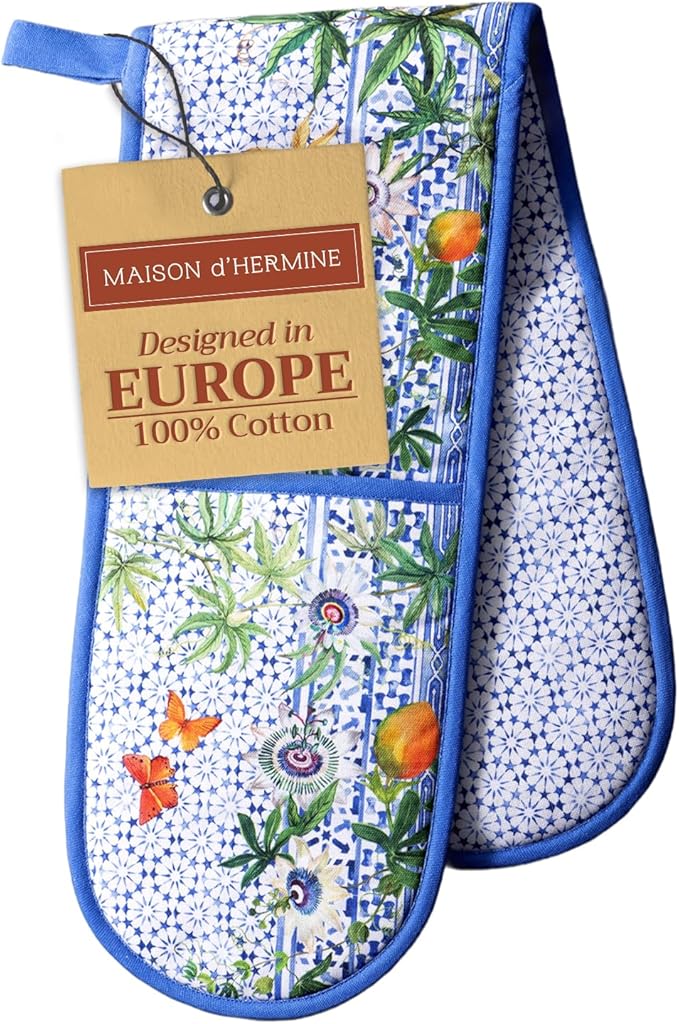 Maison d' Hermine Double Oven Mitts 100% Cotton 7"x35" Double Oven Mitt Heat Resistant BBQ Cooking Gloves with Loop Baking Grilling Kitchen Hotel Home Farmhouse Spring Summer (Passiflora)