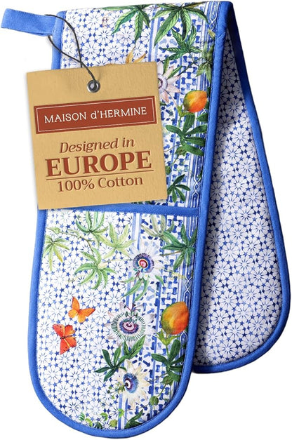Maison d' Hermine Double Oven Mitts 100% Cotton 7"x35" Double Oven Mitt Heat Resistant BBQ Cooking Gloves with Loop Baking Grilling Kitchen Hotel Home Farmhouse Spring Summer (Passiflora)