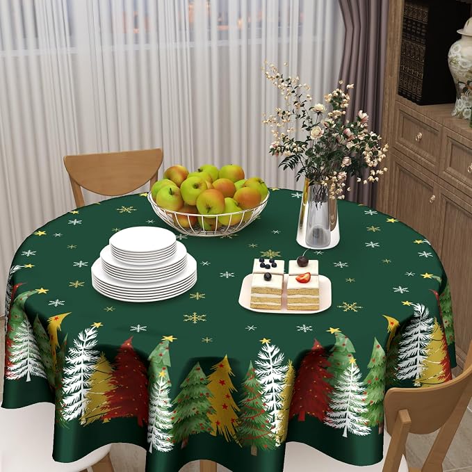 Sweetshow Xmas Trees Table Cloth Round 70 Inch Polyester Table Cover | Green Xmas Table Cloth Round White Snowflake Tablecloth Washable Stain and Wrinkle Xmas Round Table Cover for Dining Picnic