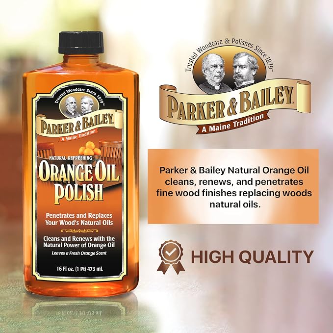 Parker & Bailey Orange Oil Polish, Natural Orange Scented Furniture Cleaner & Wood Table Cleaner, Cleans, Renews & Restores a Finish for Wood, Protects from Drying or Cracking, Shiny Finish, 16 oz