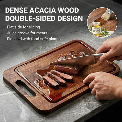 Grilling Prep and Serve Trays with Spill-Reducing Lids, 304 Stainless Steel BBQ Grill Carry System with Drain Board & Acacia Cutting Board