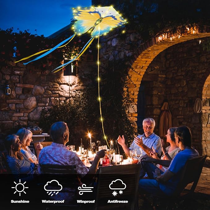Toodour Solar Butterfly Lights Outdoor, 2.9Ft 174 LED Waterproof Kite Butterfly Garden Decor, 8 Modes Warm White Solar Garden Lights for Home Yard Patio Camping Decor - Blue & Yellow Butterfly