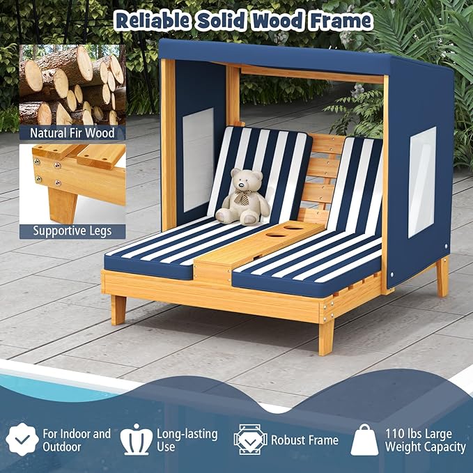 HONEY JOY Kids Chaise Lounge Chair Outdoor, Toddler Wood Double Pool Lounger Chairs w/Canopy, Cup Holders, Removable Stripped Fabric Cushions, 2-Person Kids Patio Furniture for Backyard (Navy Blue)