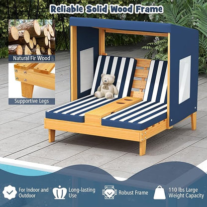 HONEY JOY Kids Chaise Lounge Chair Outdoor, Toddler Wood Double Pool Lounger Chairs w/Canopy, Cup Holders, Removable Stripped Fabric Cushions, 2-Person Kids Patio Furniture for Backyard (Navy Blue)
