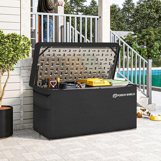 Porch Shield Patio Deck Box Storage Cover - 600D Outdoor Waterproof Tear Resistant Rectangular Fire Pit Table Cover 50 x 25 x 24 inches（Top Zipper, Black）
