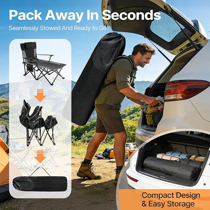 Suteck Camping Chair with Foot Rest, Reclining Folding Beach Chairs, Black | Adjustable 90°-140° Lounge Chair,Heavy Duty Outdoor Recliner Chairs with Cup Holder & Side Pockets,Supports 500lbs,Carry Bag
