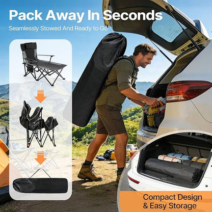 Suteck Camping Chair with Foot Rest, Reclining Folding Beach Chairs, Black | Adjustable 90°-140° Lounge Chair,Heavy Duty Outdoor Recliner Chairs with Cup Holder & Side Pockets,Supports 500lbs,Carry Bag