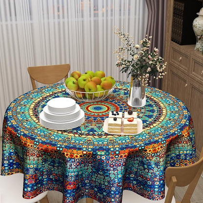 Sweetshow Boho Mandala Tablecloth Round 70 Inch,Rustic Colorful Bohemian Polyester Circle Table Cloth,Wrinkle Stain Resistant Washable Table Cover for Kitchen Dining Room Holiday Party Picnic Patio