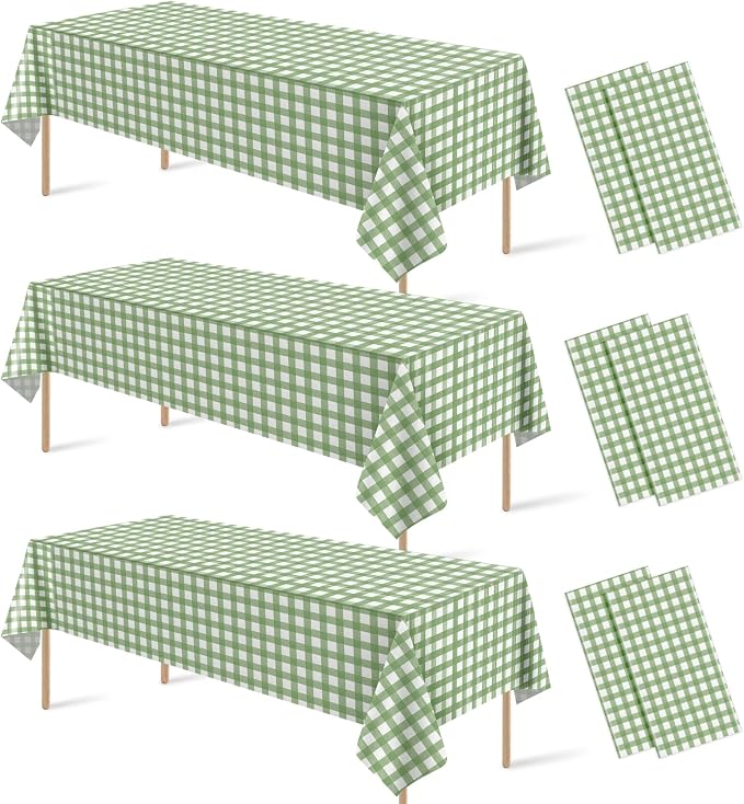6 Pcs Sage Green Gingham Tablecloths, Checkered Table Covers 54 x 108 Inch | Green and White Checkered Tablecloths, Disposable Waterproof for Baby & Bridal Shower Picnic Camping Barbecue Birthday Party