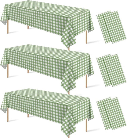 6 Pcs Sage Green Gingham Tablecloths, Checkered Table Covers 54 x 108 Inch | Green and White Checkered Tablecloths, Disposable Waterproof for Baby & Bridal Shower Picnic Camping Barbecue Birthday Party