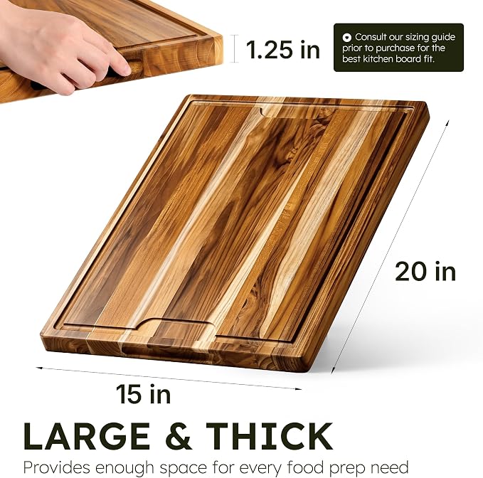 20 x 15 in Teak Cutting Board, Butcher Block with Juice Groove | 1.25” Thick Cutting Board for Meat and Brisket, Wood Cutting Board for Picnic, End Grain Cutting Board for Carving