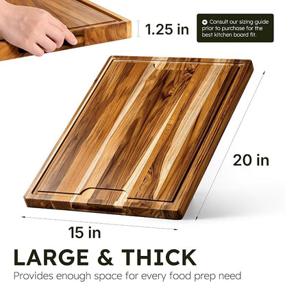 20 x 15 in Teak Cutting Board, Butcher Block with Juice Groove | 1.25” Thick Cutting Board for Meat and Brisket, Wood Cutting Board for Picnic, End Grain Cutting Board for Carving