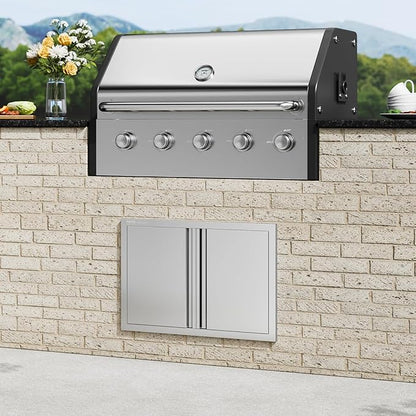 VEVOR Double Outdoor BBQ Kitchen Door, 28" W x 19" H Inch, Stainless Steel Flush Mount Vertical Door with Recessed Handles for Grilling Station