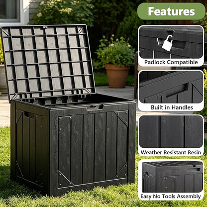 31 Gallon Outdoor Deck Box 4 Pack, Waterproof Resin Patio Storage Boxes with Lockable Lid, Small Outdoor Storage for Cushions, Accessories, Garden Tools, Indoor Outdoor Organizer, Black