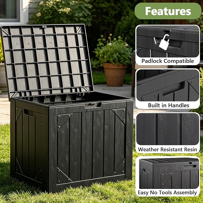 Outdoor Storage Box,30 Gallon Deck Box Outdoor Storage Bench Outside Waterproof Resin Storage Bench, Lockable Patio Cushions, Garden Tools Storage For Furniture, UV Resistant(Black)