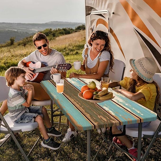 Picnic Table Cover with Bench Covers, Camping Essentials, Farmhouse Wood Green Waterproof Windproof Table Cover, Fitted Tablecloth Cover with Elastic Edge, for Indoor & Outdoor, 3 PCS, 30x72 Inch