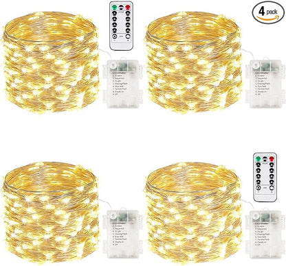 4 Pack 50 LED Fairy Lights Battery Operated with Remote, 16FT Waterproof Twinkle Lights with Timer & 8 Modes, Fairy String Light Outdoor Indoor for Bedroom Classroom DIY Christmas Decor (Warm White)