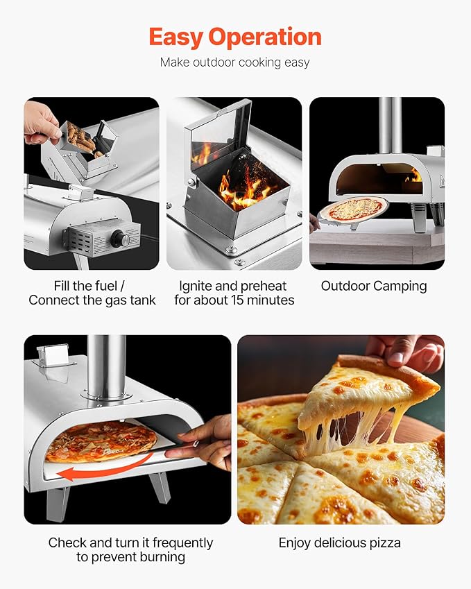 VEVOR Dual Fuel Pizza Oven Outdoor, 12 Inch Wood Fire & Propane Gas Pizza Oven, Pellet & Propane Pizza-Maker with Thermometer, Carry Bag, Stainless Steel Pizza-Cook for Outside Camping & Backyard