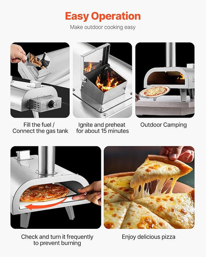 VEVOR Dual Fuel Pizza Oven Outdoor, 12 Inch Wood Fire & Propane Gas Pizza Oven, Pellet & Propane Pizza-Maker with Thermometer, Carry Bag, Stainless Steel Pizza-Cook for Outside Camping & Backyard