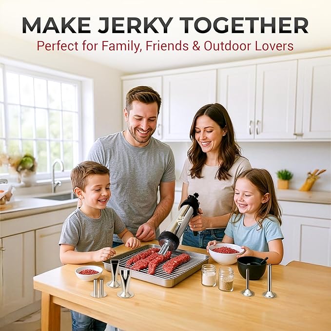 Stainless Steel Jerky Gun & Sausage Stuffer Kit – 1.5 lb Capacity, 5 Nozzle Set, Meat Pusher, 5 Cleaning Brushes, & Food-Safe Gloves – For Beef Jerky, Snack Sticks & Bratwurst