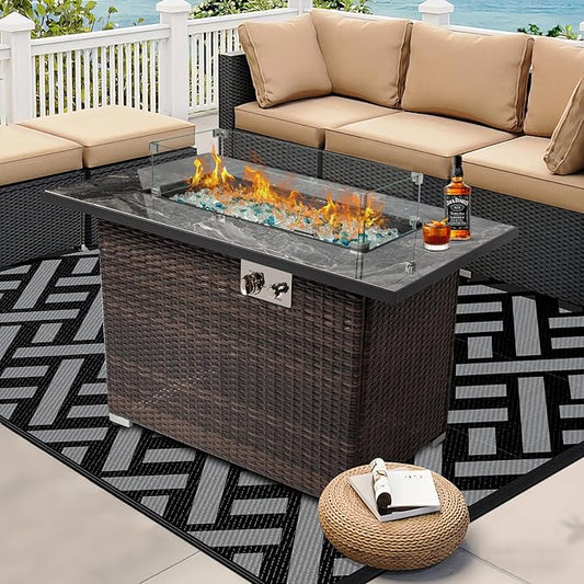 44" Outdoor Propane Fire Table, 50,000 BTU Gas Fire Pit with Ceramic Tile Top, PU Rattan Base, Tempered Glass Wind Guard, Lid & Waterproof Cover, Rectangular Patio Firepit for Backyard, Deck & Garden