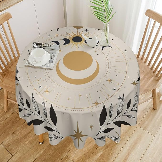Vintage Boho Sun Moon Round Tablecloth Moon Phase Star Galaxy Space Wildflower Table Cloth Water Resistant Wipeable Table Cover for Farmhouse Picnic Party Holiday Kitchen Dinner Table 50"