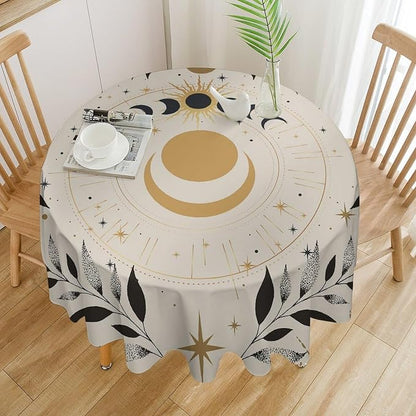 Vintage Boho Sun Moon Round Tablecloth Moon Phase Star Galaxy Space Wildflower Table Cloth Water Resistant Wipeable Table Cover for Farmhouse Picnic Party Holiday Kitchen Dinner Table 50"