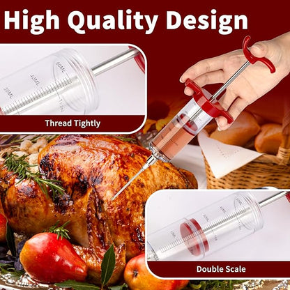 Turkey Meat Injector Syringe Kit with 3 Marinade Needles for BBQ Grill Smoker, 1 Cleaning Brush, 1.7 Oz/50 ml Large Capacity Injector Marinades for Meats Red