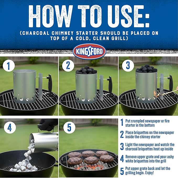 Kingsford Compact Charcoal Chimney Starter for Grills and BBQs, Dimensions 8.1 x 5.7 x 10 Inch, Quick-Light, Heat Shield, Stay-Cool Handle, Durable Zinc Steel, No Assembly