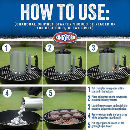 Kingsford Compact Charcoal Chimney Starter for Grills and BBQs, Dimensions 8.1 x 5.7 x 10 Inch, Quick-Light, Heat Shield, Stay-Cool Handle, Durable Zinc Steel, No Assembly