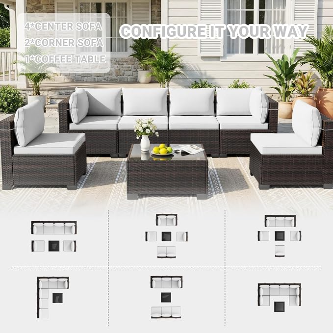 LAFWELL 7 Pieces Outdoor Patio Furniture Sets,Rattan Conversation Sectional Set,Manual Weaving Wicker Patio Sofa with Tea Table