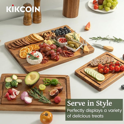 Kikcoin Acacia Wood Cutting Board Set of 3, Wooden Cutting Boards for Kitchen with Deep Juice Grooves, Butcher Block Wooden Chopping Board for Meat, Large Solid Charcuterie Boards Serving Tray