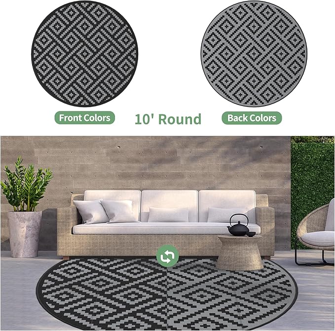 GENIMO Outdoor Rug, Waterproof Plastic Rugs for Patio, 10' Round Black Grey | Outside Larger Modern Carpet Mat for Deck Decor, Porch, Balcony, Backyard, Camping, Picnic, Beach, RV, Reversible, Foldable