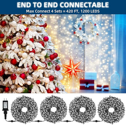 MZD8391 105FT 300LED Christmas Light, Waterproof Christmas Tree Light White | 100% UL List, 8 Light Mode,Timer & Memory, End To End Connect, Christmas String Light Oudoor Indoor, Christmas Fairy Light