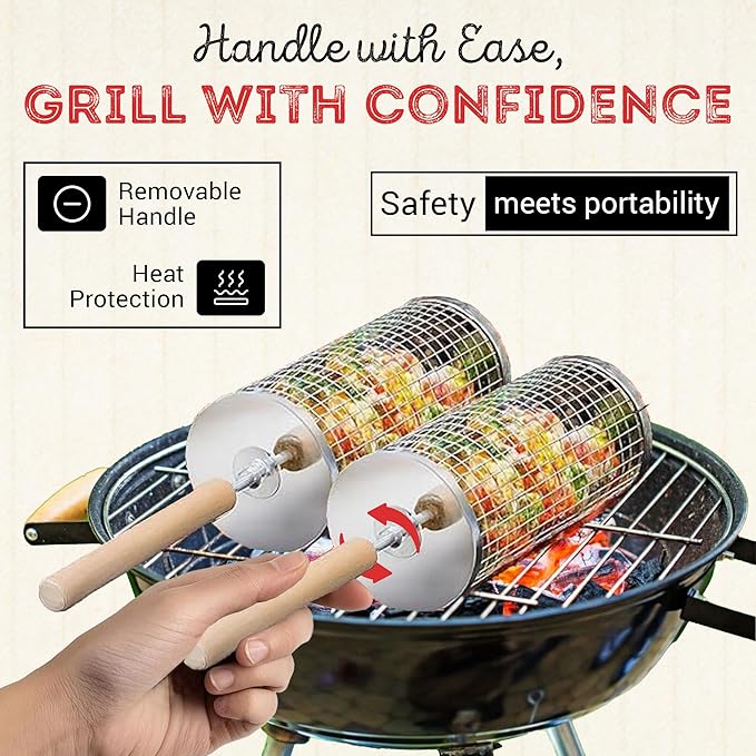 Rolling Grill Basket Round Shaped with Removable Wooden Handle, 304 Stainless Steel, Nesting Grilling Net, BBQ Accessories Tools for Vegetables Shrimp, Outdoor Cooking Camping Gift