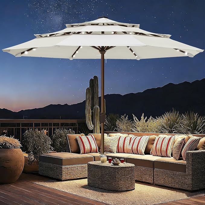 EliteShade USA 10-Year-Non-Fading 10ft 3-Tier Market Patio Umbrella, Commercial Table Umbrella with 80 Solar LED Lights, Crank Open, Windproof & UPF 50+ UV Protection for Garden, Deck, Pool, Backyard, No Tilt, White