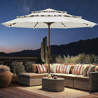 EliteShade USA 10-Year-Non-Fading 10ft 3-Tier Market Patio Umbrella, Commercial Table Umbrella with 80 Solar LED Lights, Crank Open, Windproof & UPF 50+ UV Protection for Garden, Deck, Pool, Backyard, No Tilt, White