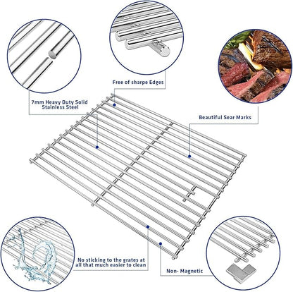 Uniflasy Parts for Nexgrill 720-0830H, 720-0888/720-0888N, Cuisinart CGG-7400 – 17" Stainless Steel Cooking Grates (2 Pack) + Heat Plates/Flame Tamers (5 Pack) for Nexgrill Replacement Parts