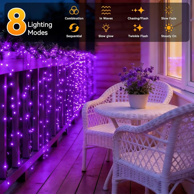 Solar String Lights Outdoor Waterproof 2 Pack Total 66ft 200LED Purple | 8 Modes Twinkle Lights Solar Fairy Lights for Patio, Garden Yard Party Wedding Tree Christmas Halloween Decoration