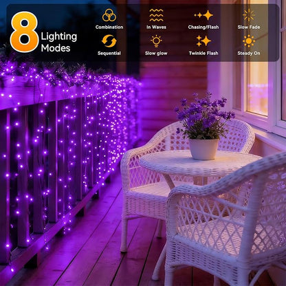 Solar String Lights Outdoor Waterproof 2 Pack Total 66ft 200LED Purple | 8 Modes Twinkle Lights Solar Fairy Lights for Patio, Garden Yard Party Wedding Tree Christmas Halloween Decoration