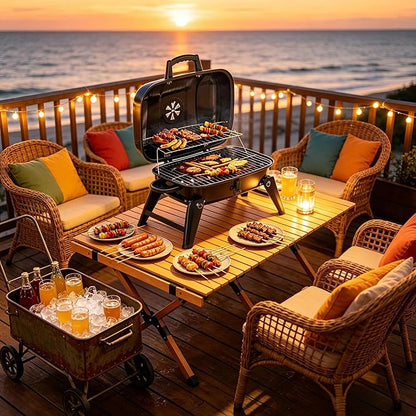 Small Charcoal Grill, Portable Outdoor BBQ Grill with Foldable Legs for Tabletop and Travel, Easy Temperature Control and Warming Rack for Cookouts