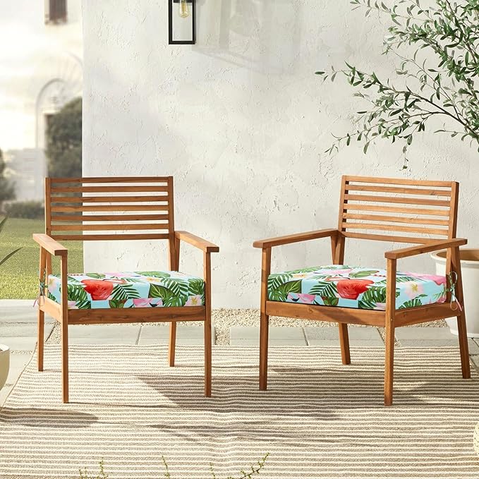 downluxe Outdoor Chair Cushions Set of 4 for Patio Furniture, Water-Resistant Square Corner Patio Chair Cushions with Ties, High Density Foam Outdoor Seat Cushion, 18.5" X 16" X 3", Tropical Flamingo